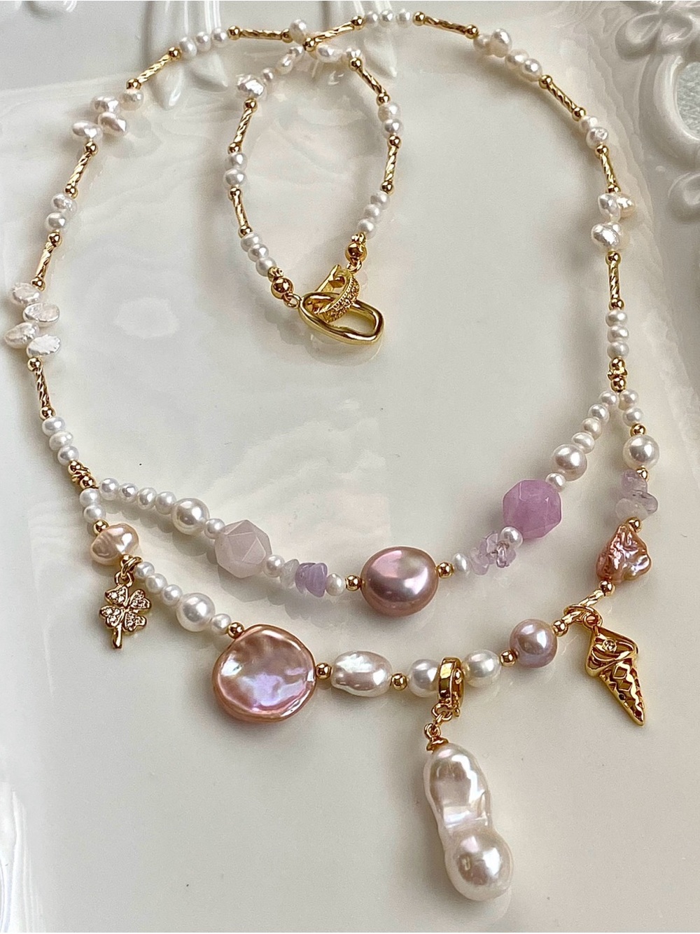 GP76-Handmade Freshwater Pearl And Rose Quartz Layered Necklace